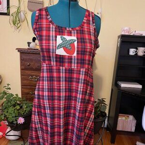 Vintage red plaid upcycled dress with strawberry patch